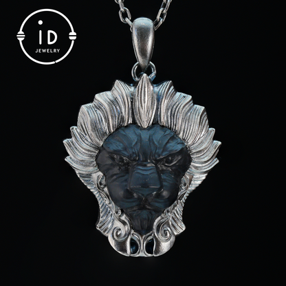 Lion Pendant in 925 Silver with Hand Carved Black Jade, Totem Style Fantasy Necklace, Symbolic Jewelry Gift for Men and Women