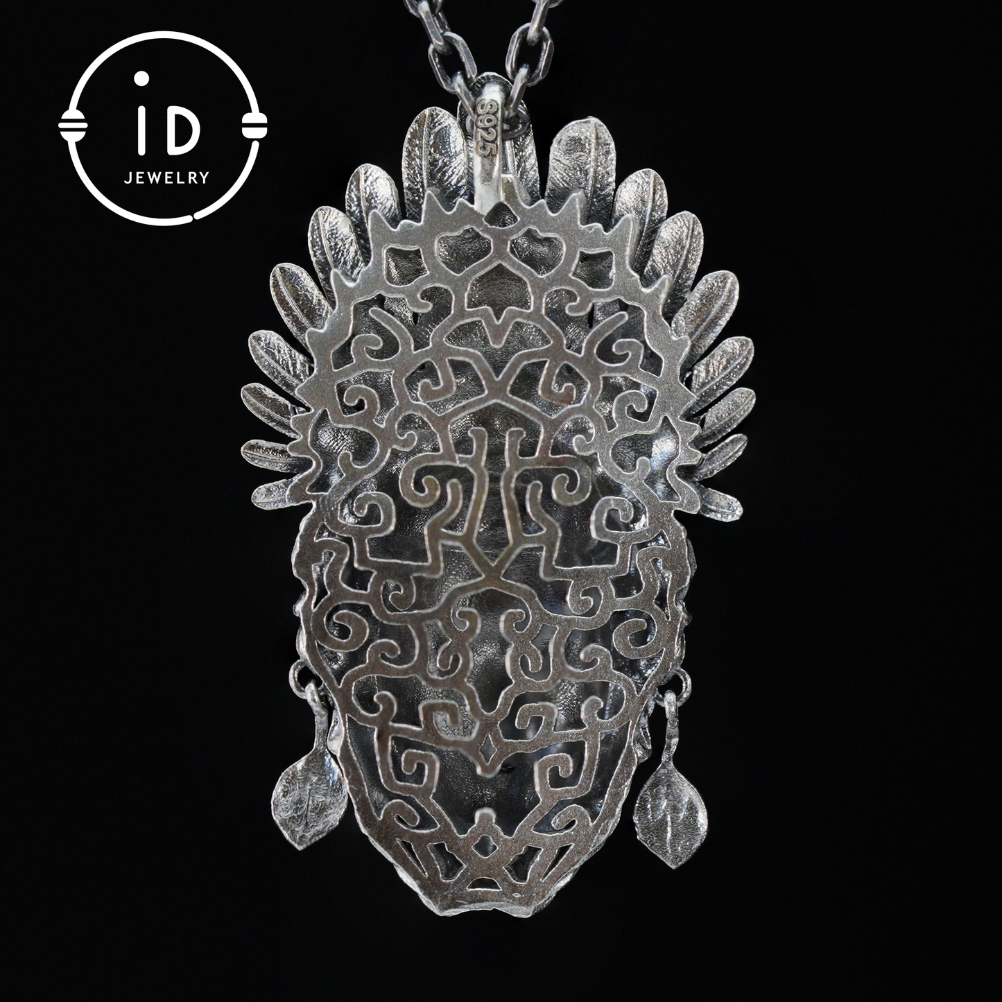 Handcrafted Face Pendant in Oxidized 925 Silver with Feather Crown | Tribal & Gothic Style | Gift for Women | Statement Jewelry