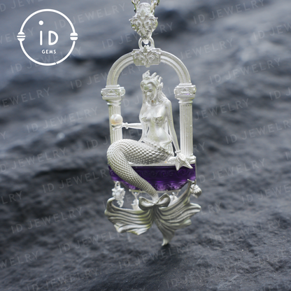 Amethyst Mermaid Pendant, Hand Carved Ocean Goddess Necklace, Mythical Sea Jewelry Gift, Fantasy Underwater Charm for Her, Unique Art