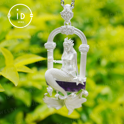 Amethyst Mermaid Pendant, Hand Carved Ocean Goddess Necklace, Mythical Sea Jewelry Gift, Fantasy Underwater Charm for Her, Unique Art