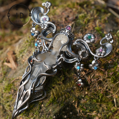 Goddess Flower Pendant | Handmade Jewelry with Onyx and Garnet | Elegant 925 Silver Design