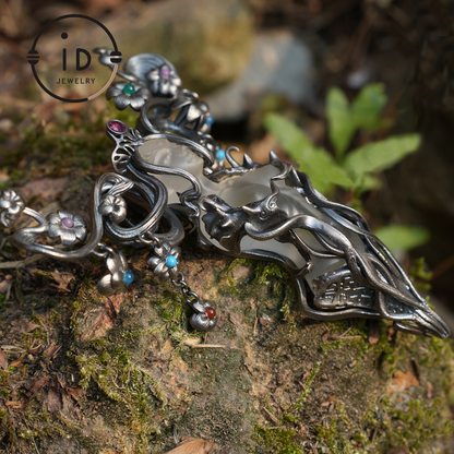 Goddess Flower Pendant | Handmade Jewelry with Onyx and Garnet | Elegant 925 Silver Design