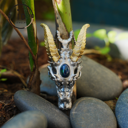 Sterling silver pendant with opal eye dragon head and golden horns in gothic totem style gift for him or fantasy lovers
