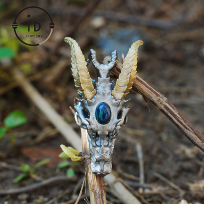 Sterling silver pendant with opal eye dragon head and golden horns in gothic totem style gift for him or fantasy lovers