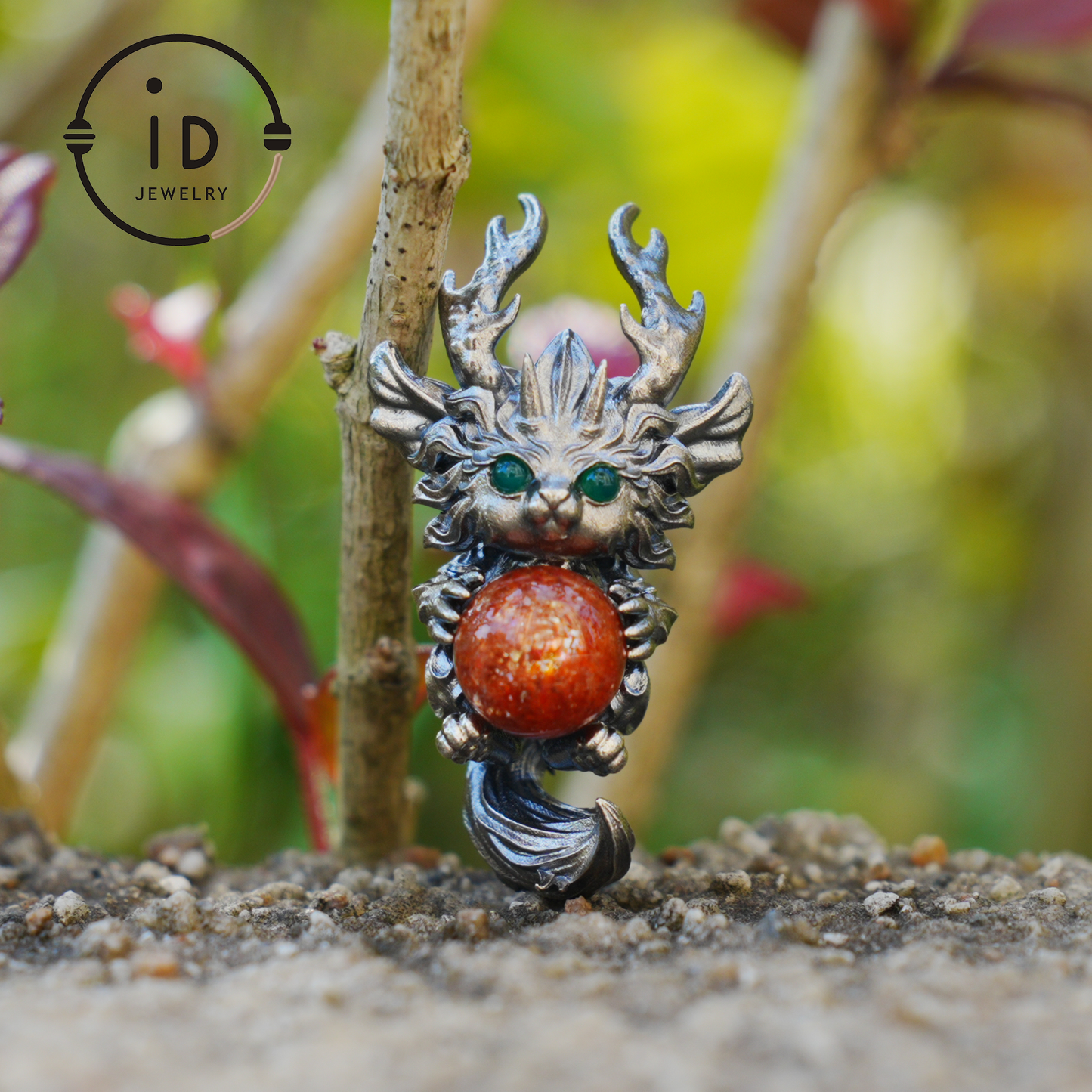 Silver Sunstone Pendant with Oxidized 925 Sterling, Fantasy Totem Necklace for Her, Vintage Gothic Jewelry, Christmas Birthday Gift, Large Gemstone Talisman