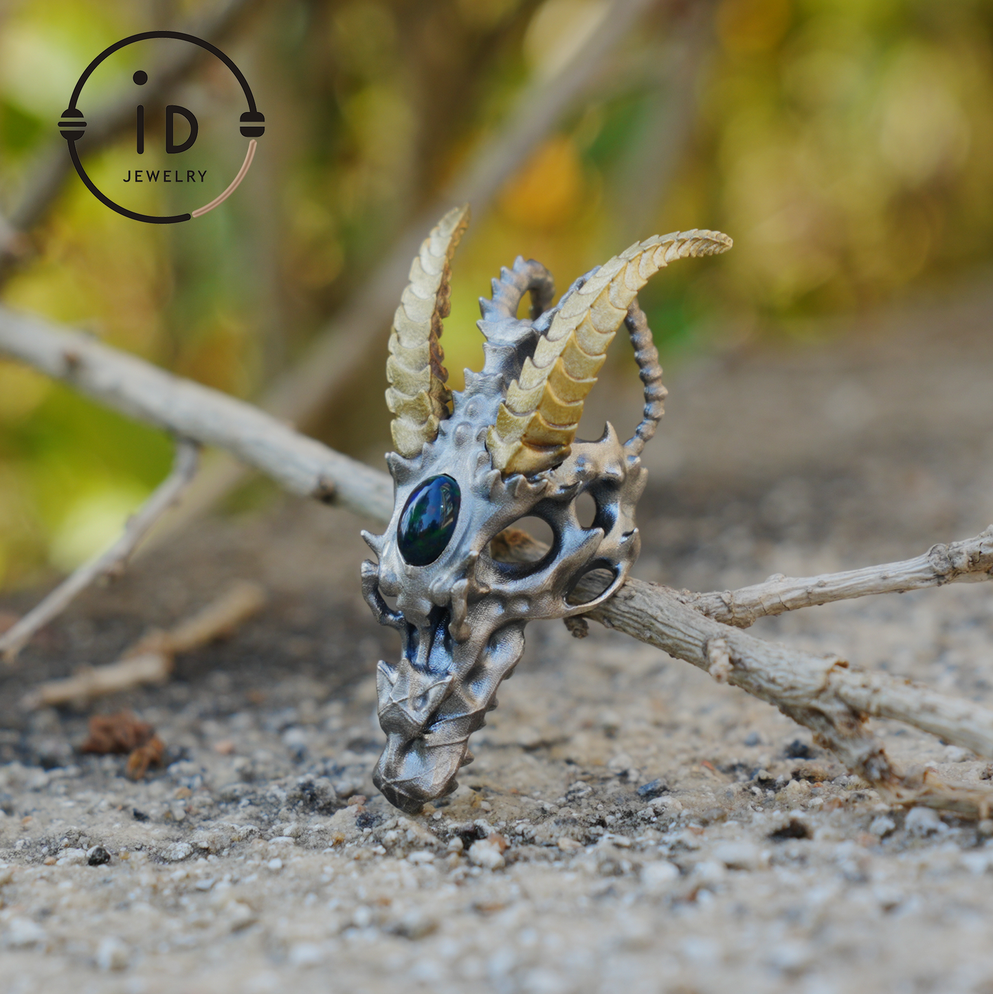 Sterling silver pendant with opal eye dragon head and golden horns in gothic totem style gift for him or fantasy lovers