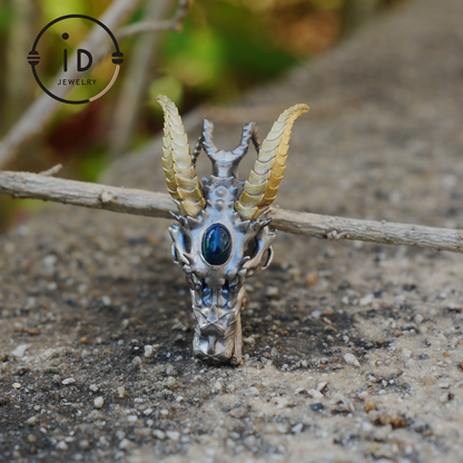 Sterling silver pendant with opal eye dragon head and golden horns in gothic totem style gift for him or fantasy lovers