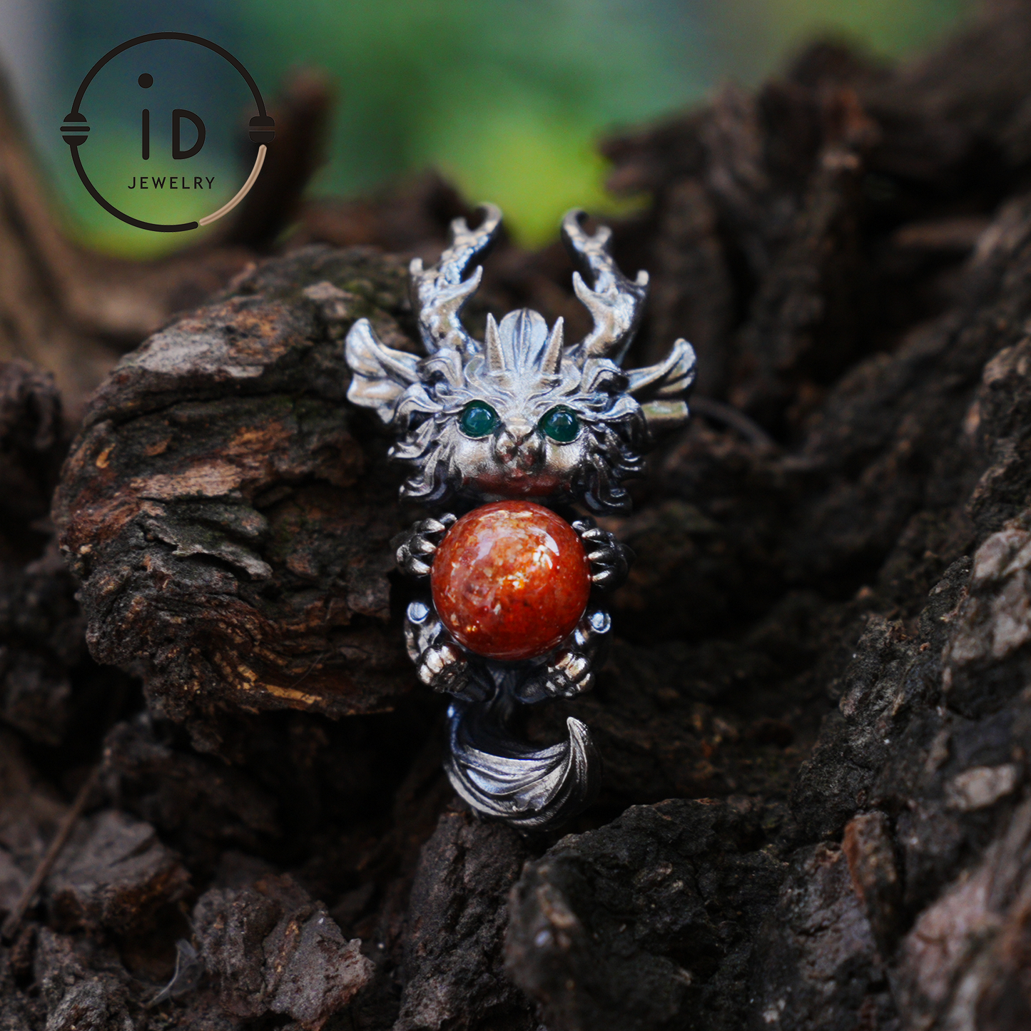 Silver Sunstone Pendant with Oxidized 925 Sterling, Fantasy Totem Necklace for Her, Vintage Gothic Jewelry, Christmas Birthday Gift, Large Gemstone Talisman