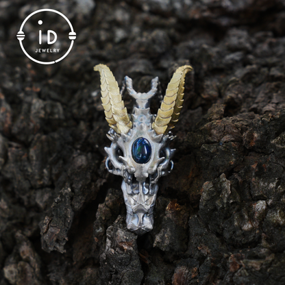 Sterling silver pendant with opal eye dragon head and golden horns in gothic totem style gift for him or fantasy lovers
