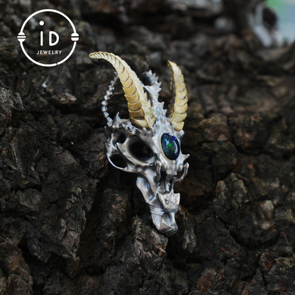 Sterling silver pendant with opal eye dragon head and golden horns in gothic totem style gift for him or fantasy lovers