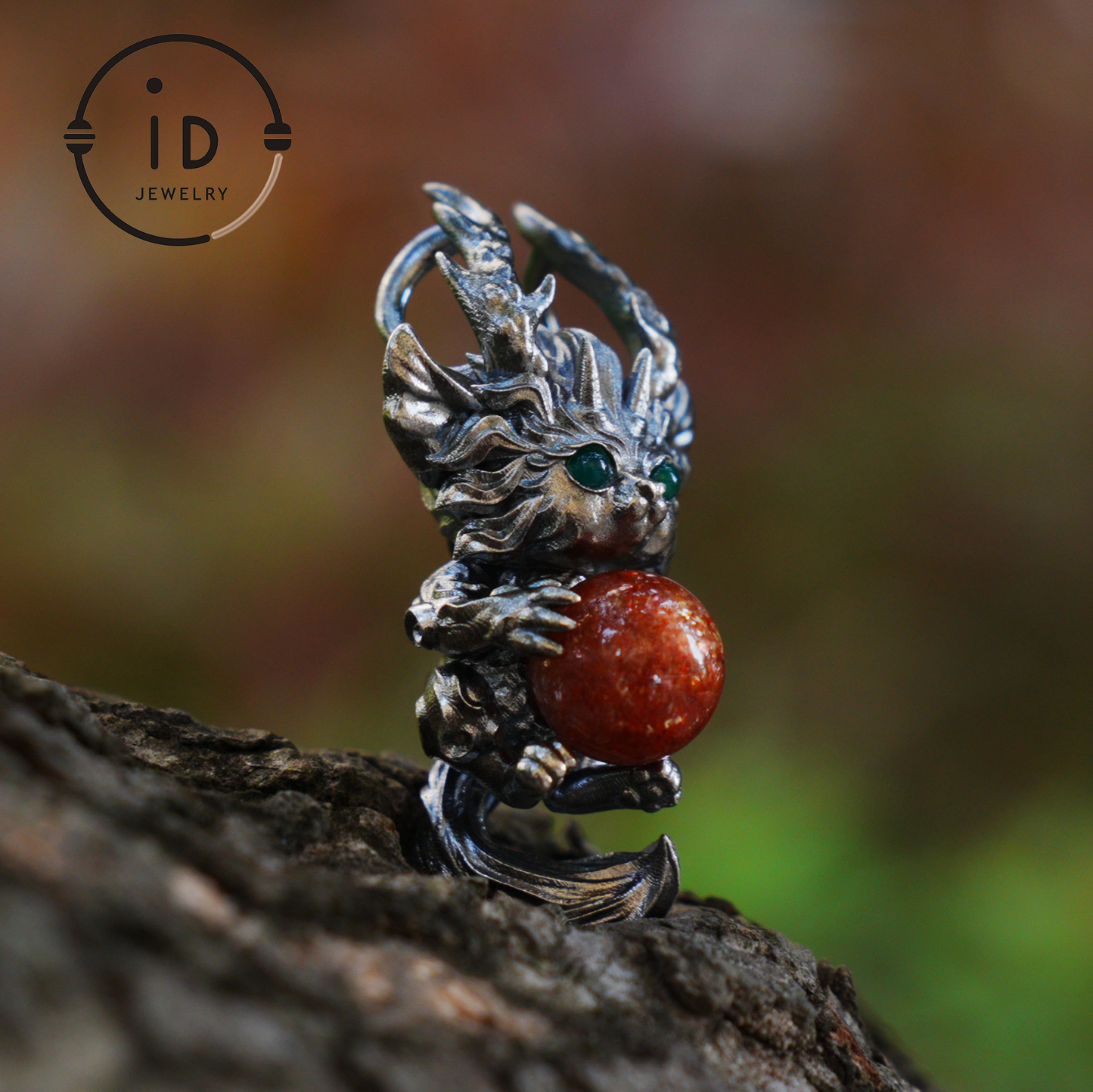 Silver Sunstone Pendant with Oxidized 925 Sterling, Fantasy Totem Necklace for Her, Vintage Gothic Jewelry, Christmas Birthday Gift, Large Gemstone Talisman