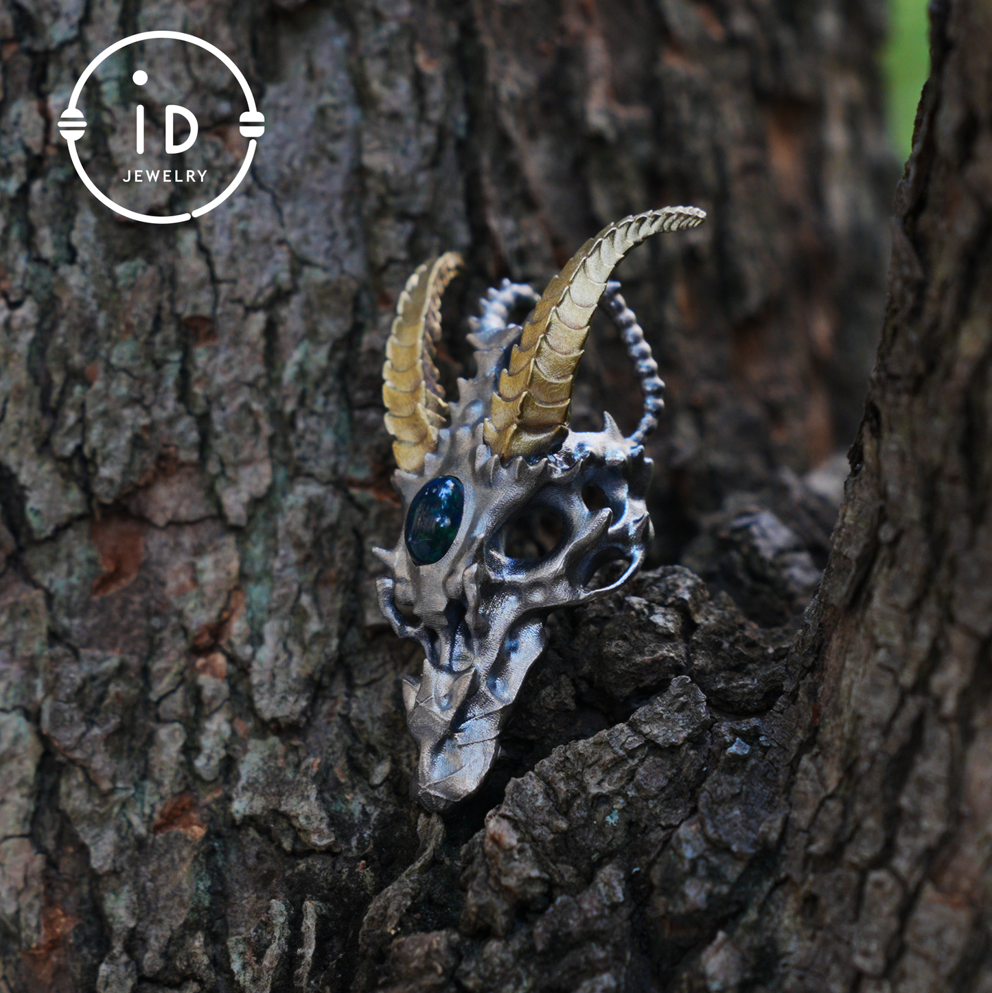 Sterling silver pendant with opal eye dragon head and golden horns in gothic totem style gift for him or fantasy lovers