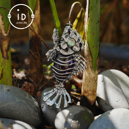 Silver fishbone pendant with amethyst and abalone eye, gothic brooch totem jewelry for him, fantasy cosplay gift accessory