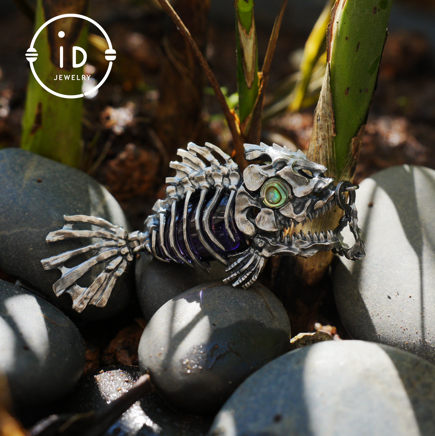 Silver fishbone pendant with amethyst and abalone eye, gothic brooch totem jewelry for him, fantasy cosplay gift accessory