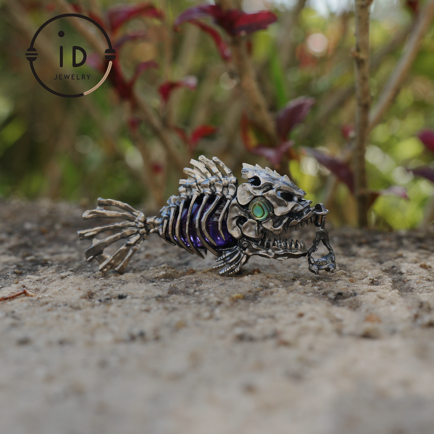 Silver fishbone pendant with amethyst and abalone eye, gothic brooch totem jewelry for him, fantasy cosplay gift accessory
