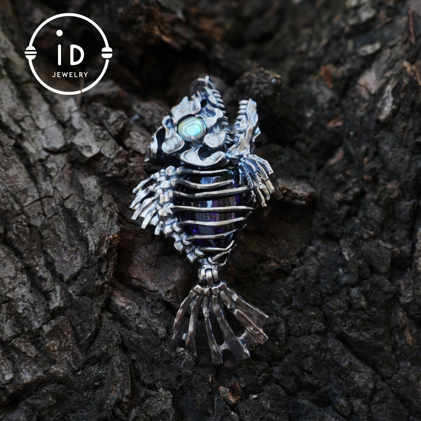 Silver fishbone pendant with amethyst and abalone eye, gothic brooch totem jewelry for him, fantasy cosplay gift accessory