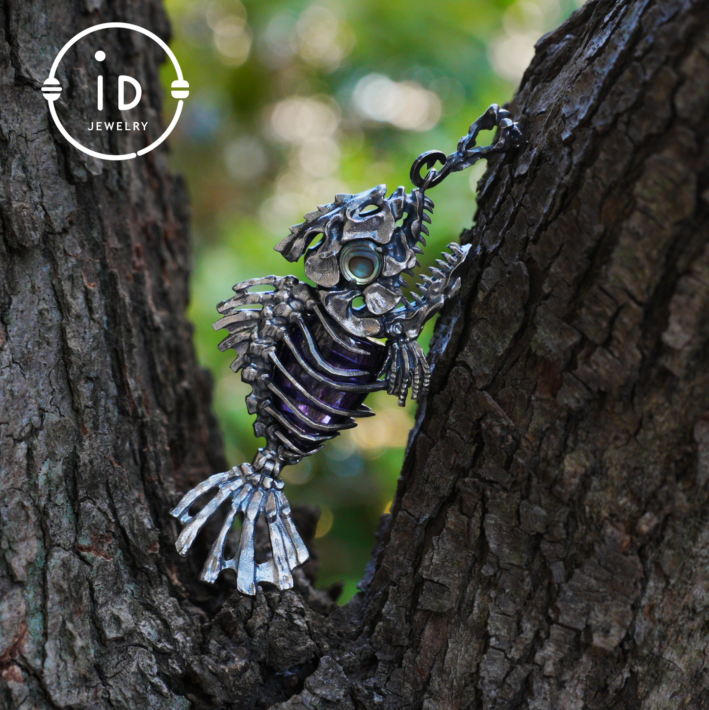 Silver fishbone pendant with amethyst and abalone eye, gothic brooch totem jewelry for him, fantasy cosplay gift accessory