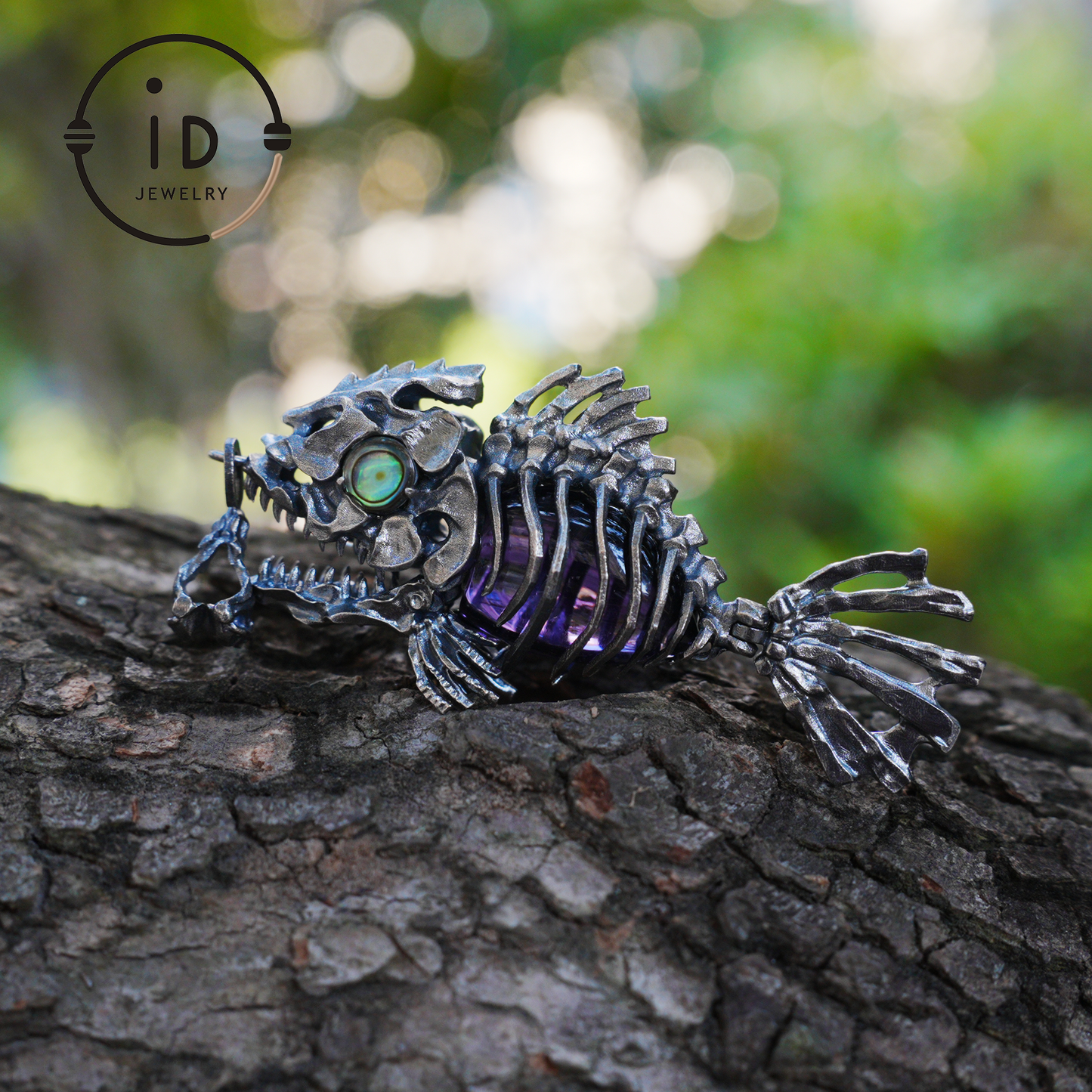 Silver fishbone pendant with amethyst and abalone eye, gothic brooch totem jewelry for him, fantasy cosplay gift accessory