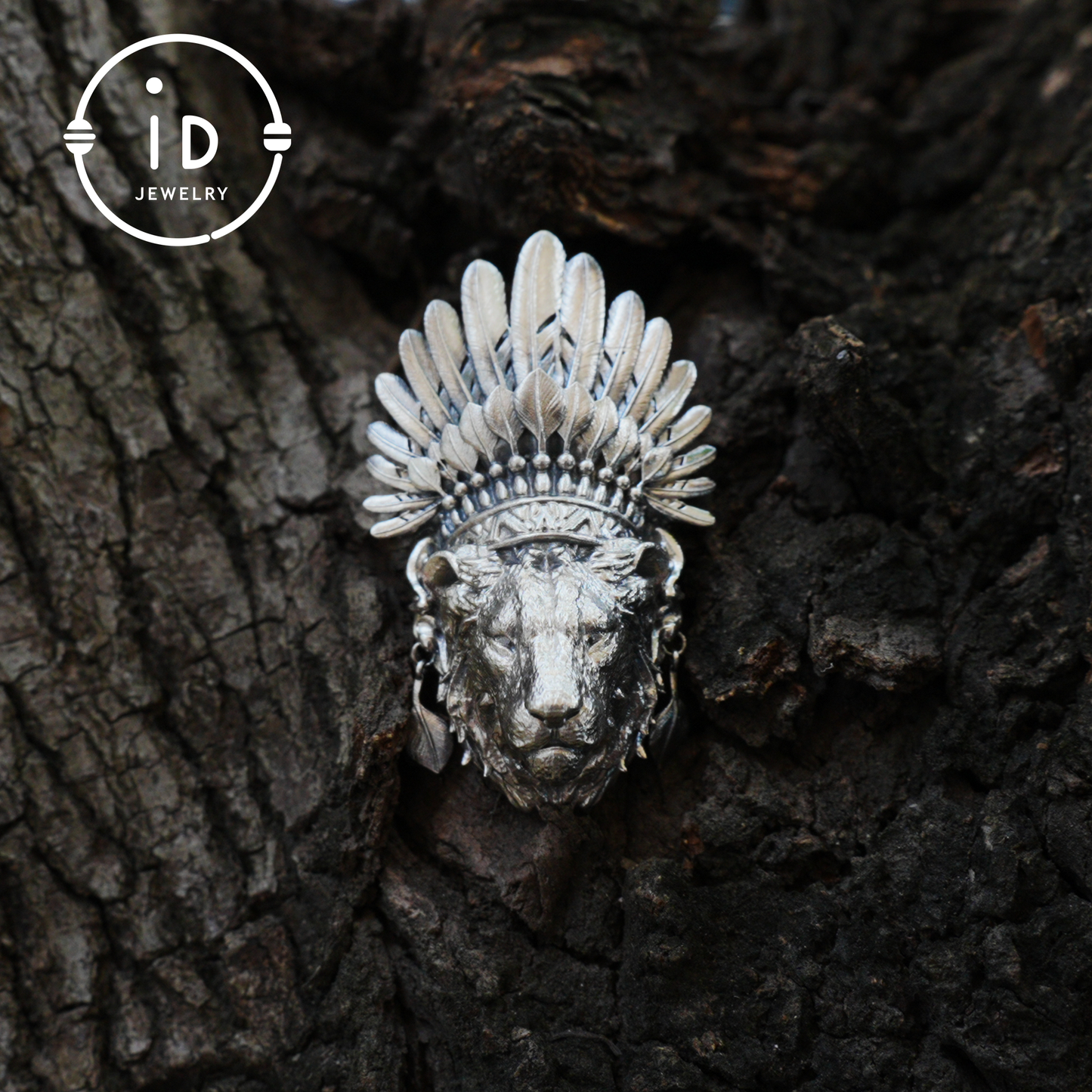 Handcrafted Lion Head Pendant in Oxidized 925 Silver with Feather Crown in Tribal Style, Bold Gift for Men, Women, Spiritual Wear