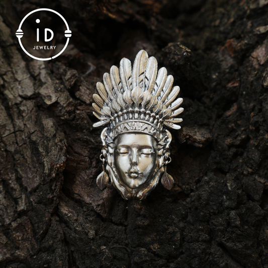 Handcrafted Face Pendant in Oxidized 925 Silver with Feather Crown | Tribal & Gothic Style | Gift for Women | Statement Jewelry