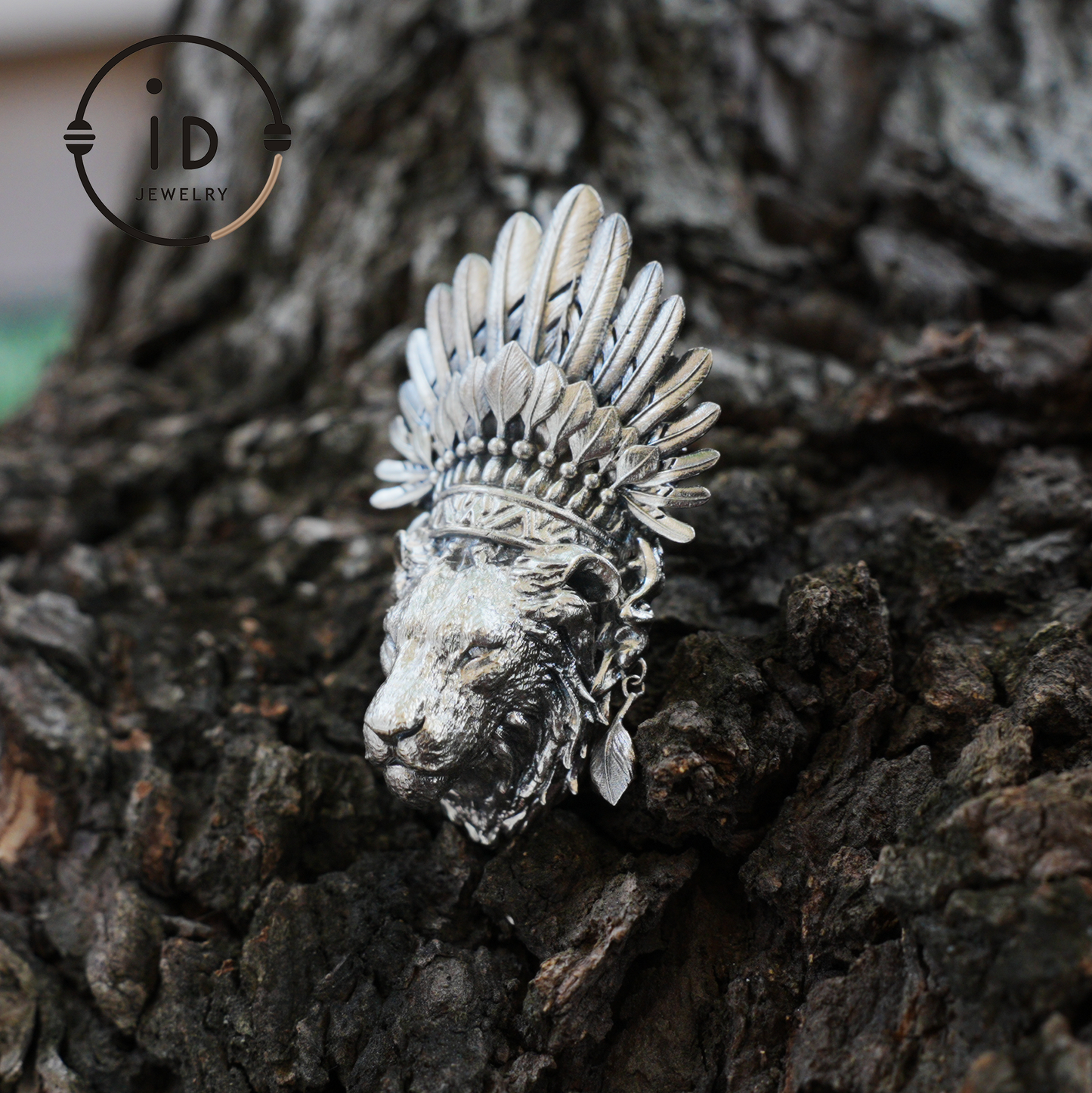 Handcrafted Lion Head Pendant in Oxidized 925 Silver with Feather Crown in Tribal Style, Bold Gift for Men, Women, Spiritual Wear