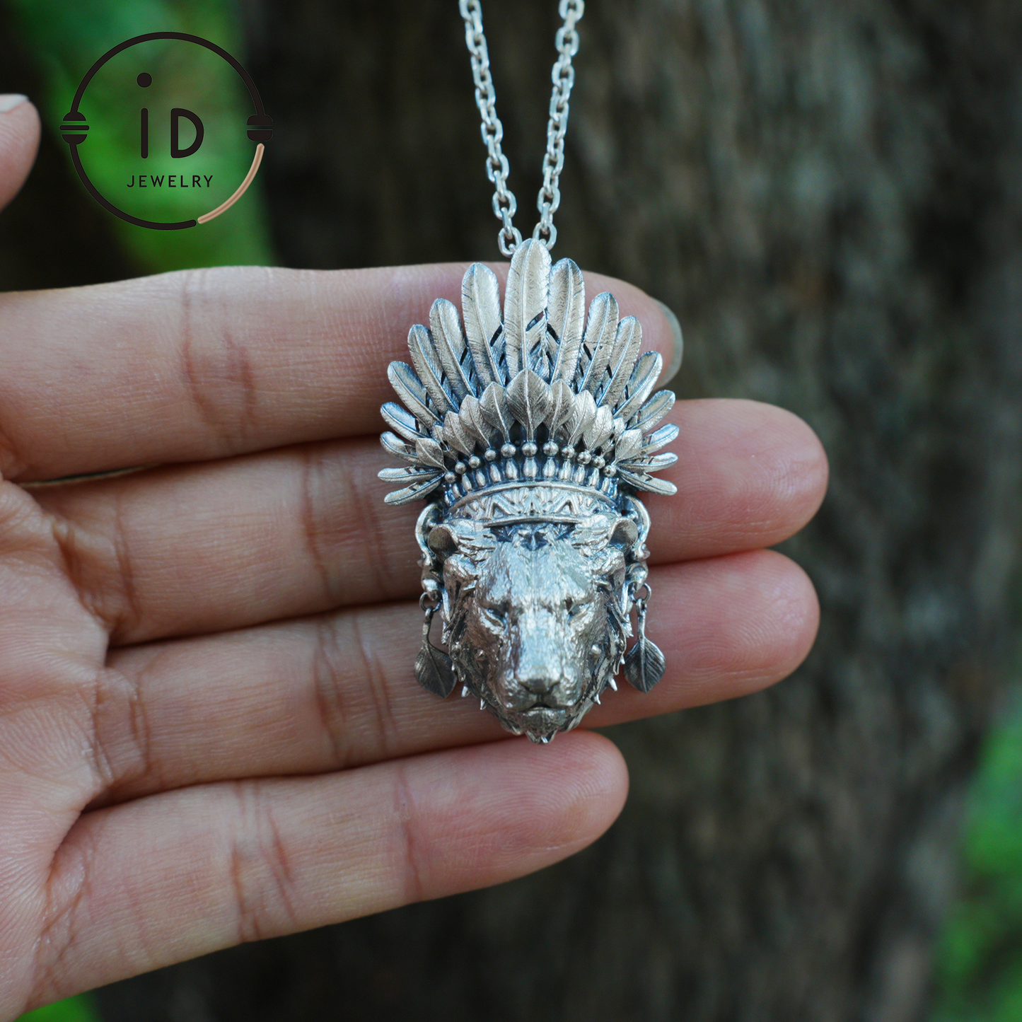 Handcrafted Lion Head Pendant in Oxidized 925 Silver with Feather Crown in Tribal Style, Bold Gift for Men, Women, Spiritual Wear