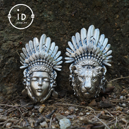 Handcrafted Lion Head Pendant in Oxidized 925 Silver with Feather Crown in Tribal Style, Bold Gift for Men, Women, Spiritual Wear