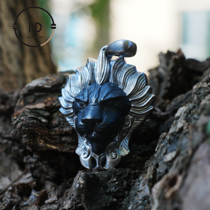 Lion Pendant in 925 Silver with Hand Carved Black Jade, Totem Style Fantasy Necklace, Symbolic Jewelry Gift for Men and Women