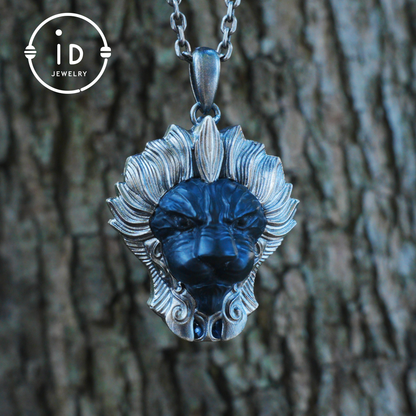 Lion Pendant in 925 Silver with Hand Carved Black Jade, Totem Style Fantasy Necklace, Symbolic Jewelry Gift for Men and Women