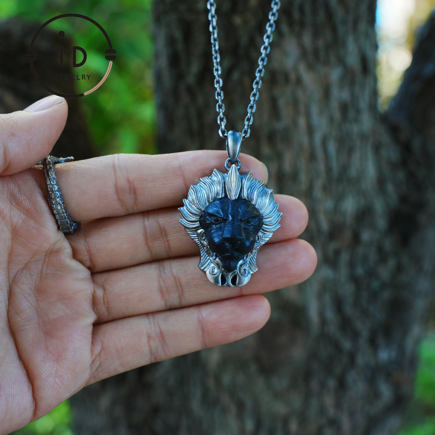 Lion Pendant in 925 Silver with Hand Carved Black Jade, Totem Style Fantasy Necklace, Symbolic Jewelry Gift for Men and Women