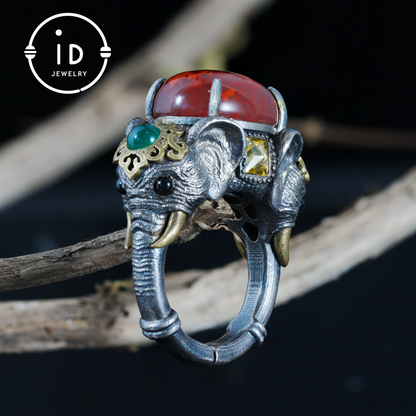Adjustable Elephant Ring in 925 Sterling Silver with Red Agate and Green Stones, Totem Style Animal Symbol Jewelry, Spiritual Gift for Her