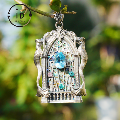 Gothic fantasy pendant with mermaid figure, Swiss blue topaz and abalone in 925 sterling silver, vintage jewelry gift for women