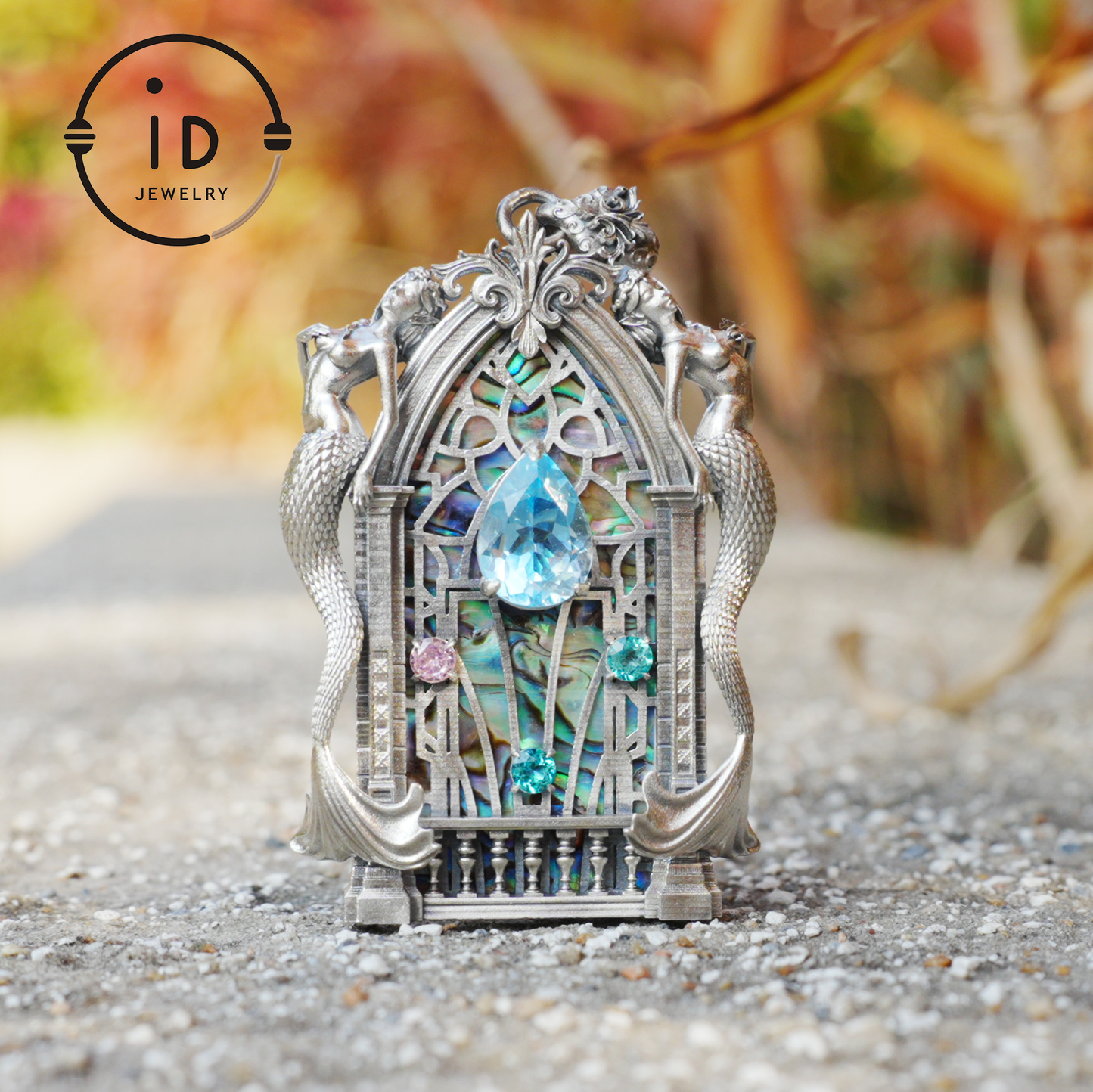 Gothic fantasy pendant with mermaid figure, Swiss blue topaz and abalone in 925 sterling silver, vintage jewelry gift for women