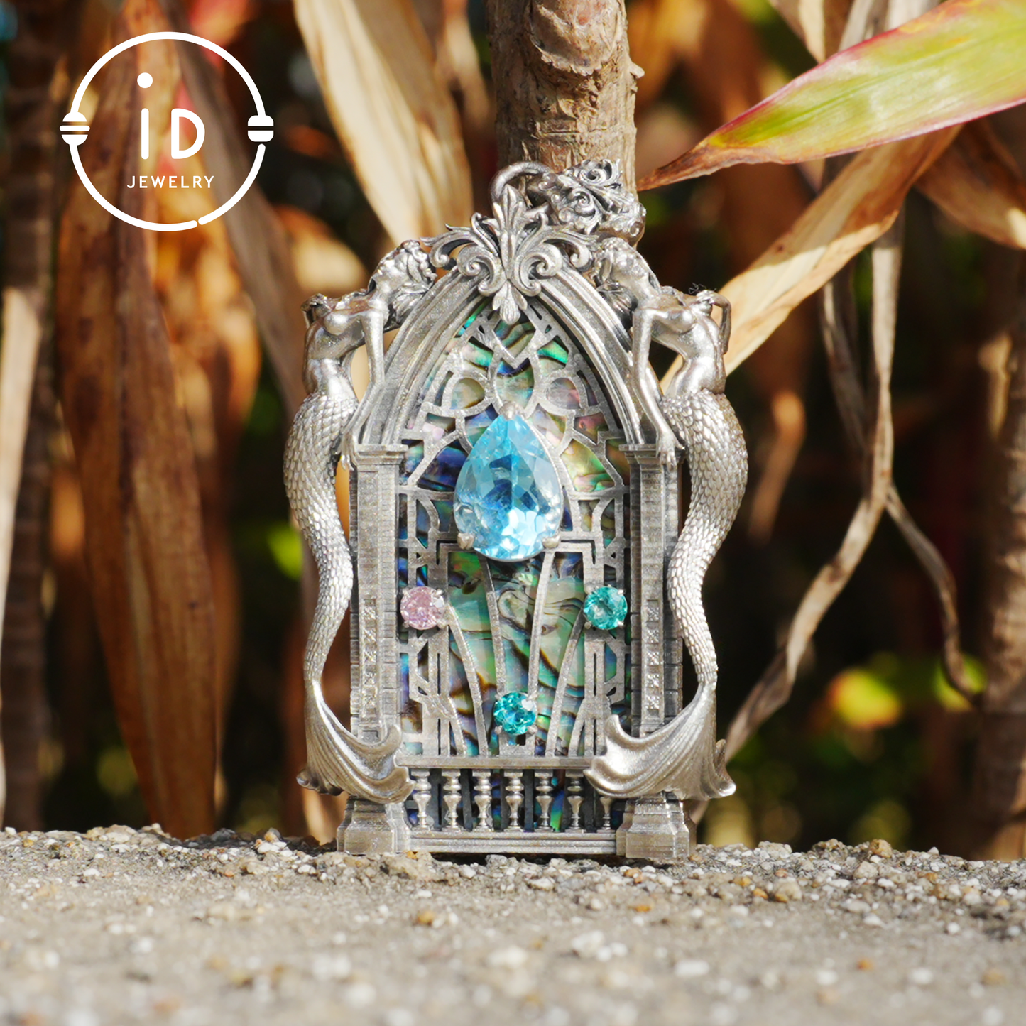 Gothic fantasy pendant with mermaid figure, Swiss blue topaz and abalone in 925 sterling silver, vintage jewelry gift for women