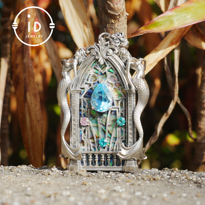 Gothic fantasy pendant with mermaid figure, Swiss blue topaz and abalone in 925 sterling silver, vintage jewelry gift for women
