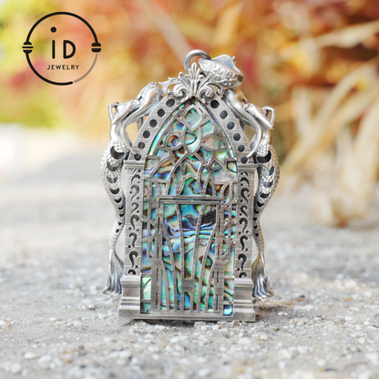 Gothic fantasy pendant with mermaid figure, Swiss blue topaz and abalone in 925 sterling silver, vintage jewelry gift for women