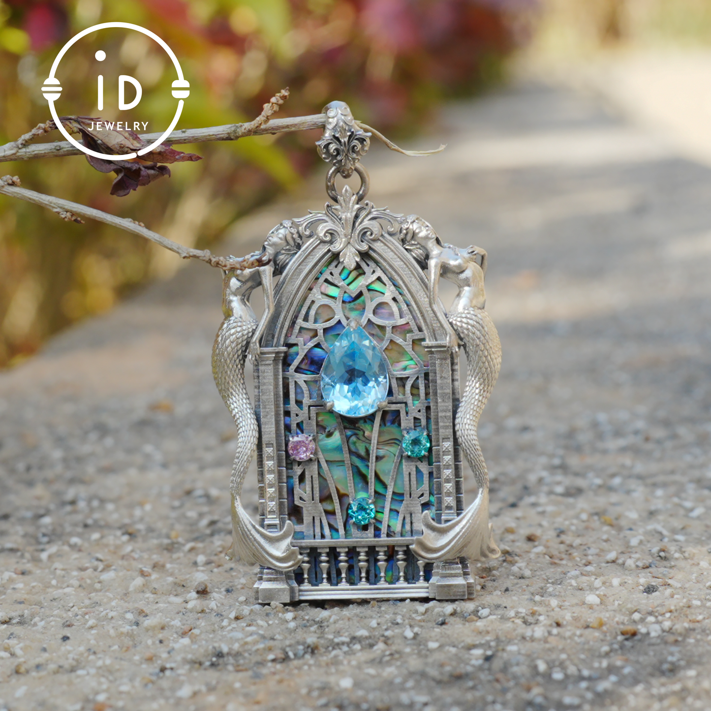 Gothic fantasy pendant with mermaid figure, Swiss blue topaz and abalone in 925 sterling silver, vintage jewelry gift for women