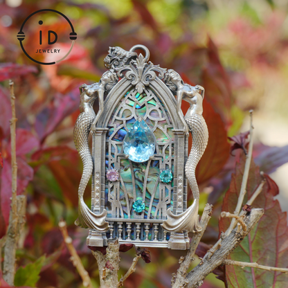 Gothic fantasy pendant with mermaid figure, Swiss blue topaz and abalone in 925 sterling silver, vintage jewelry gift for women