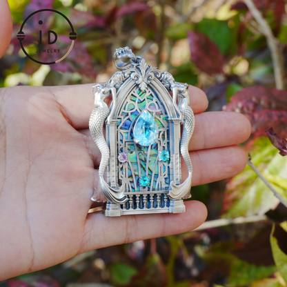 Gothic fantasy pendant with mermaid figure, Swiss blue topaz and abalone in 925 sterling silver, vintage jewelry gift for women