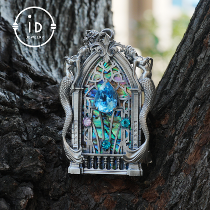 Gothic fantasy pendant with mermaid figure, Swiss blue topaz and abalone in 925 sterling silver, vintage jewelry gift for women