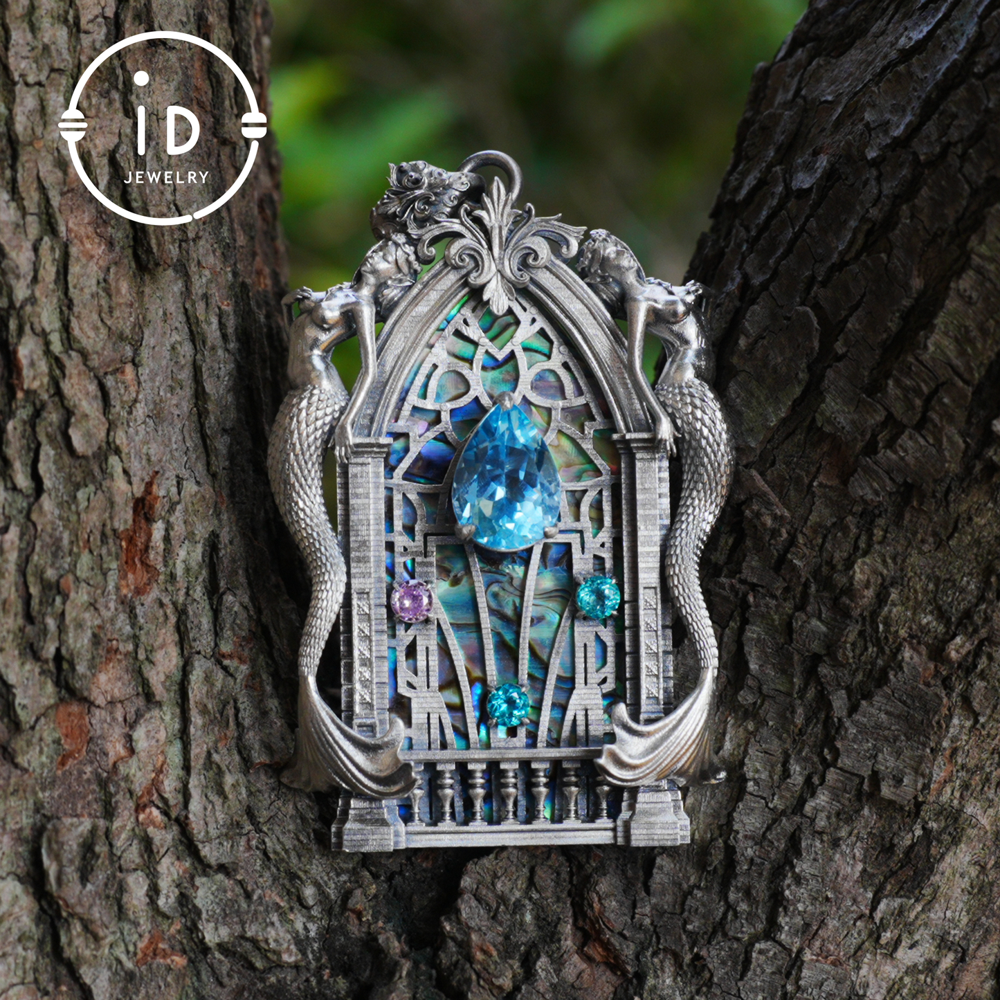 Gothic fantasy pendant with mermaid figure, Swiss blue topaz and abalone in 925 sterling silver, vintage jewelry gift for women
