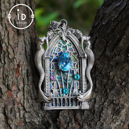 Gothic fantasy pendant with mermaid figure, Swiss blue topaz and abalone in 925 sterling silver, vintage jewelry gift for women