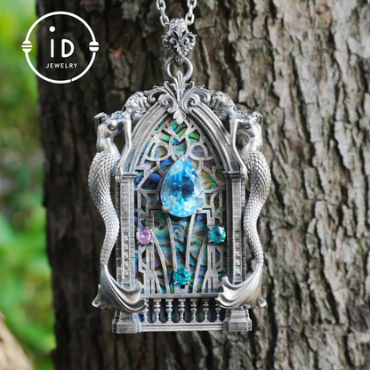 Gothic fantasy pendant with mermaid figure, Swiss blue topaz and abalone in 925 sterling silver, vintage jewelry gift for women
