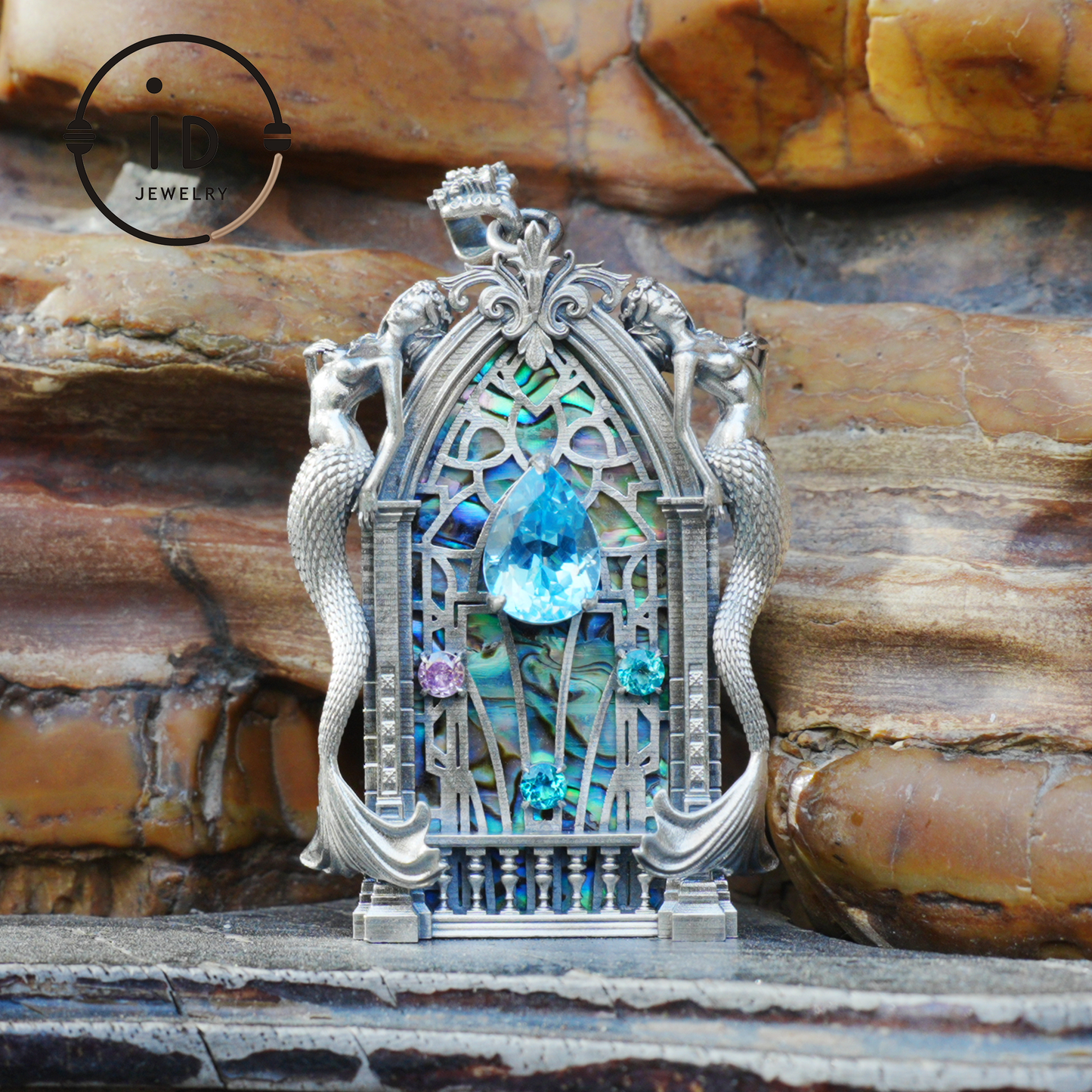 Gothic fantasy pendant with mermaid figure, Swiss blue topaz and abalone in 925 sterling silver, vintage jewelry gift for women