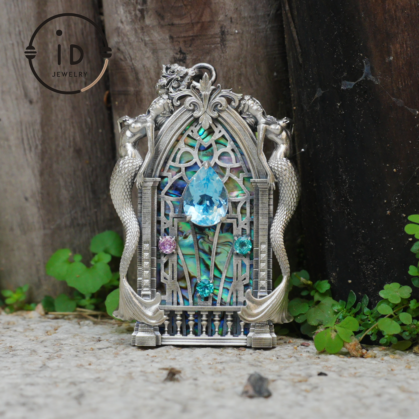 Gothic fantasy pendant with mermaid figure, Swiss blue topaz and abalone in 925 sterling silver, vintage jewelry gift for women