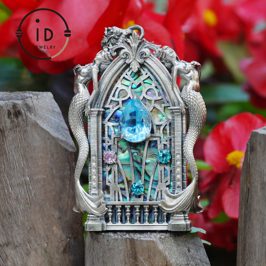 Gothic fantasy pendant with mermaid figure, Swiss blue topaz and abalone in 925 sterling silver, vintage jewelry gift for women