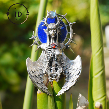 Silver Pendant with Garnet and Lapis Lazuli, Handcrafted Gothic Winged Jewelry, Fantasy Amulet Necklace Gift for Men and Collectors
