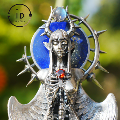 Silver Pendant with Garnet and Lapis Lazuli, Handcrafted Gothic Winged Jewelry, Fantasy Amulet Necklace Gift for Men and Collectors