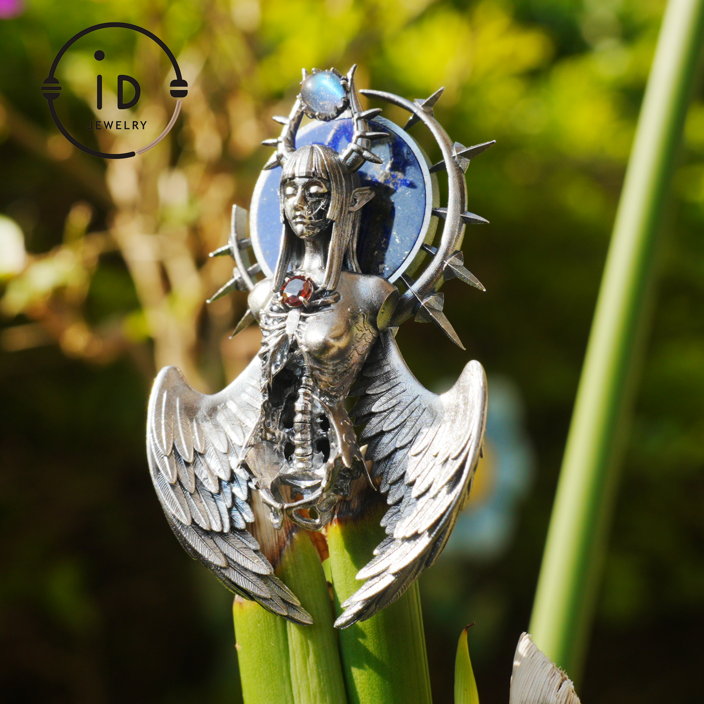 Silver Pendant with Garnet and Lapis Lazuli, Handcrafted Gothic Winged Jewelry, Fantasy Amulet Necklace Gift for Men and Collectors