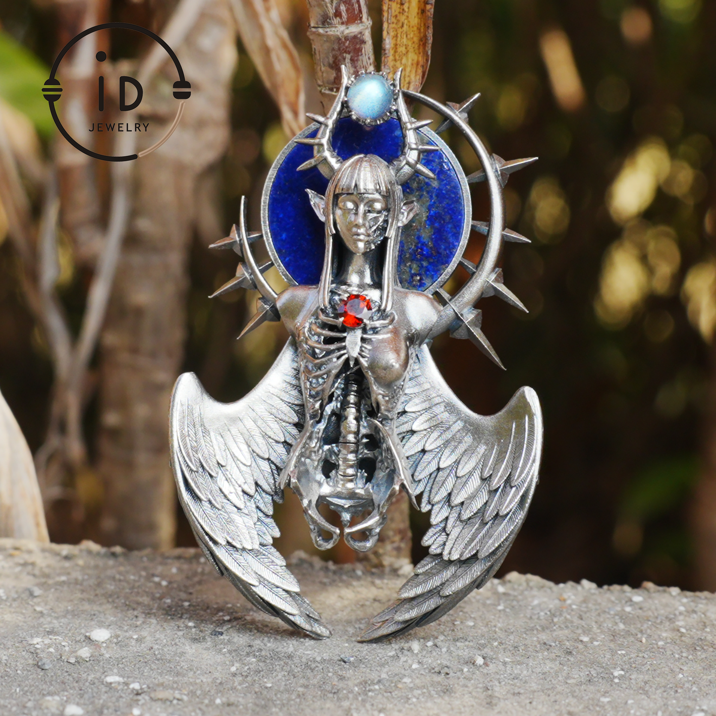 Silver Pendant with Garnet and Lapis Lazuli, Handcrafted Gothic Winged Jewelry, Fantasy Amulet Necklace Gift for Men and Collectors